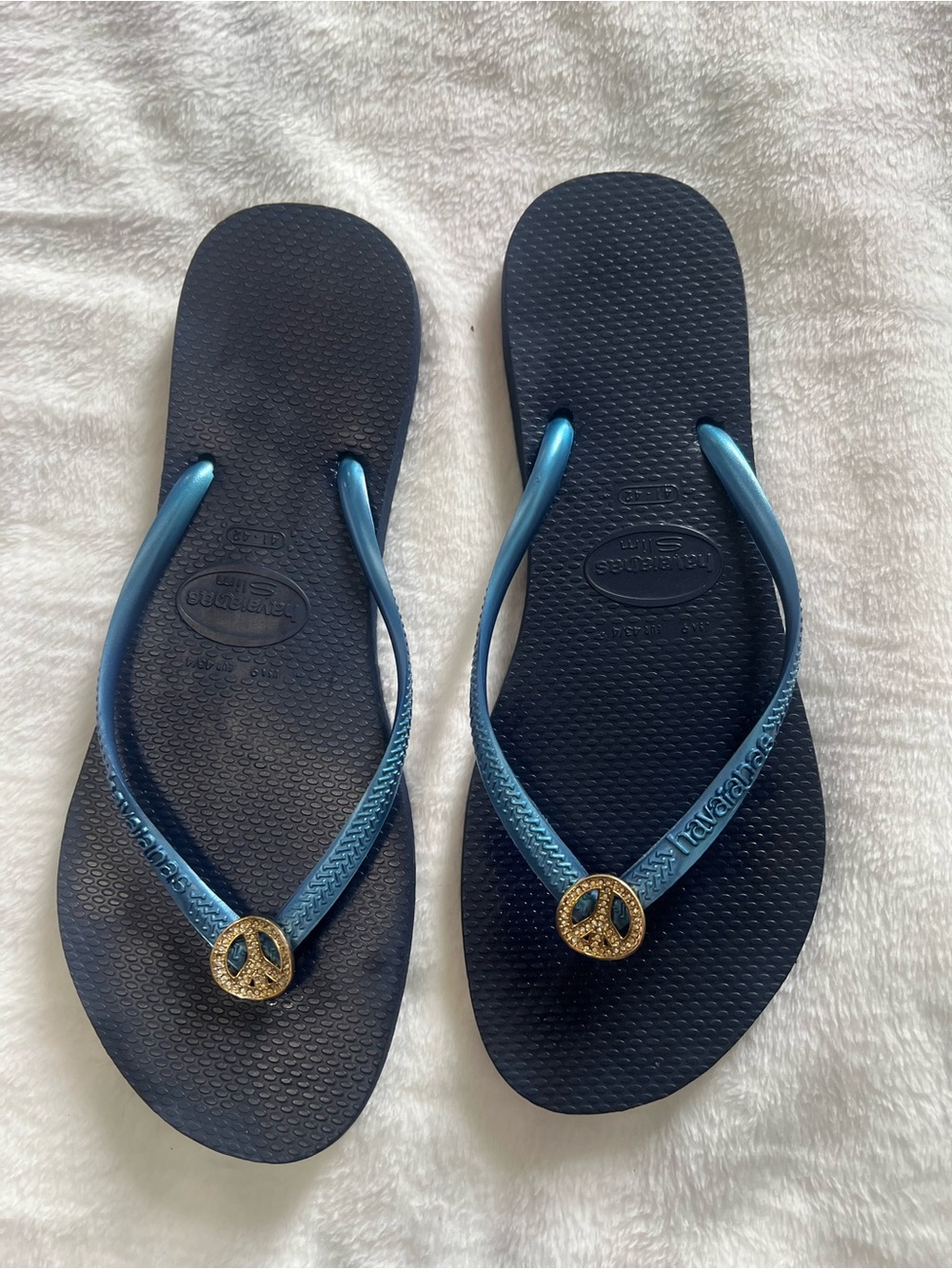 Havaianas Navy Flip Flops with Metallic Blue Straps & Gold Peace Charms